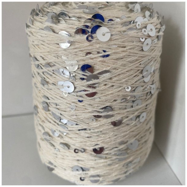 Bomuld med pailletter 107 - R&aring;hvid/S&oslash;lv, Blank