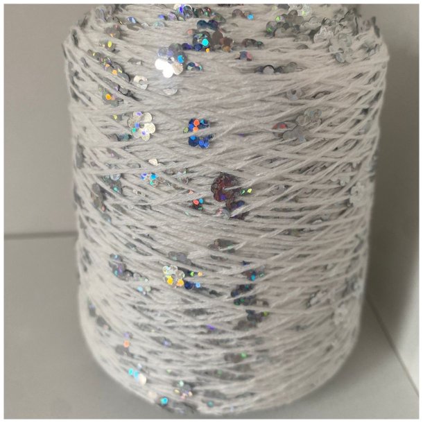 Bomuld med pailletter 25 - Hvid/Disko, Blomster pailletter, Blank